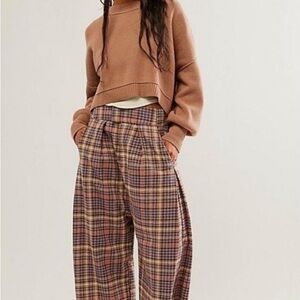 Free People Plaid Wide Leg Pants - Pink and Blue